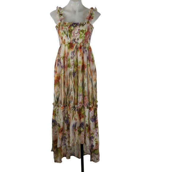Valleygirl Dresses & Skirts - Valleygirl Dress Size 8 Cream Floral Maxi Shirring Hi-Low Hem Lined Sleeveless